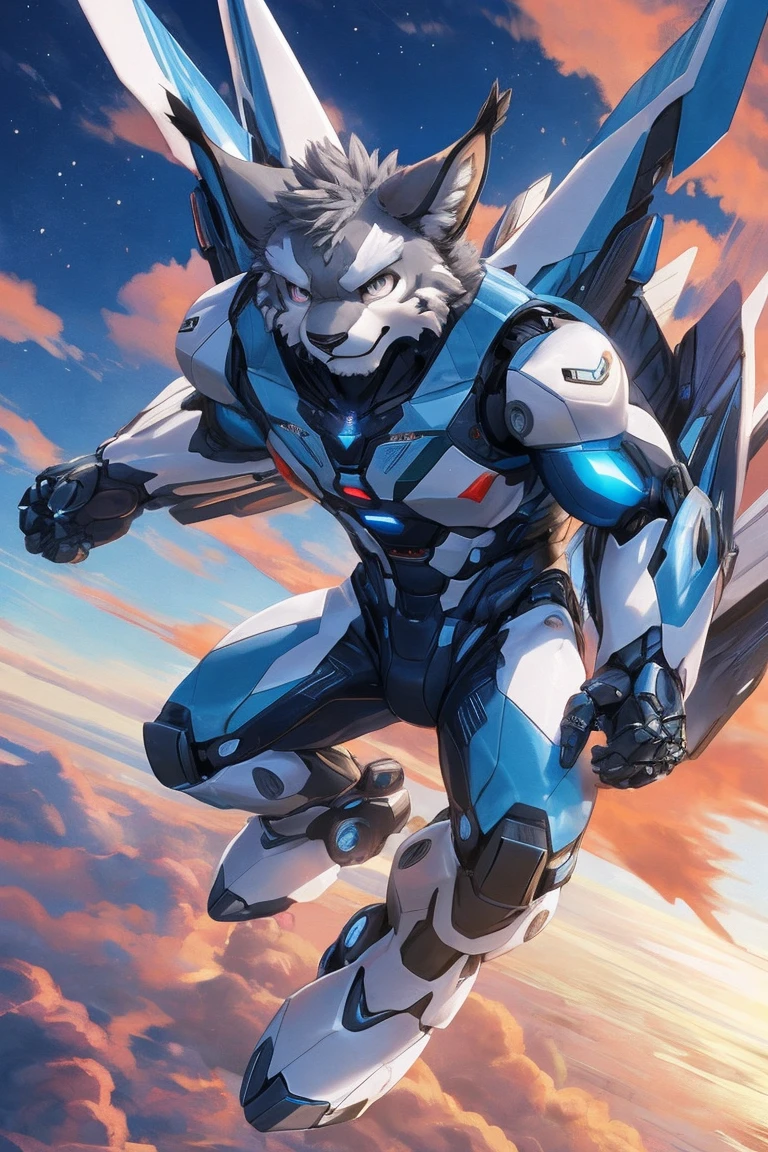 (gray fur:1.3), lynx, (young:1.3), shota, Endomorph, Handsome, Hot Blood, Revitalize, harm, Contempt, Fierce eyes, (barefoot:1.3), (white mecha suit:1.3), masterpiece, (16K), HD, Various facial details, detailed background, very detailed, dynamic poses, Eyes details, high resolution, high quality, correct anatomy, in sky, solo, (barefoot:1.2), flying, (white big mecha wing)