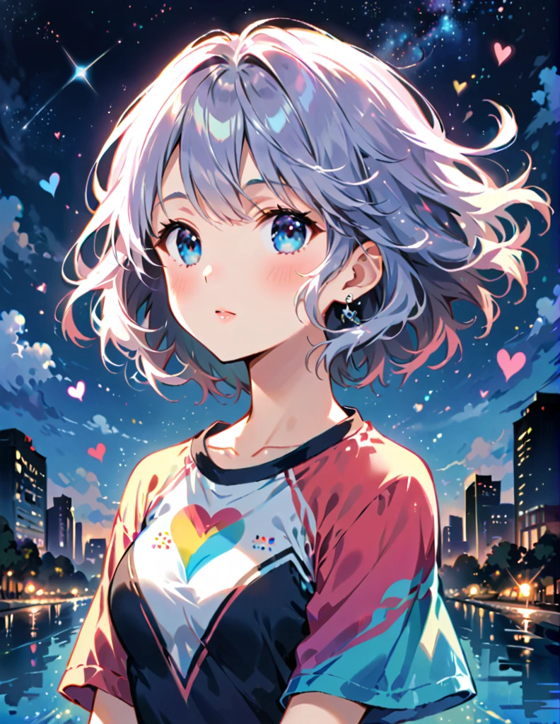 Makoto Shinkai Pink and White style, Simple Line Initialism，Abstract art，Urban Background, (((The most beautiful girl of all time))),  Lips in love, colorful hearts, stylish design, Starry Night, Sports Fashion