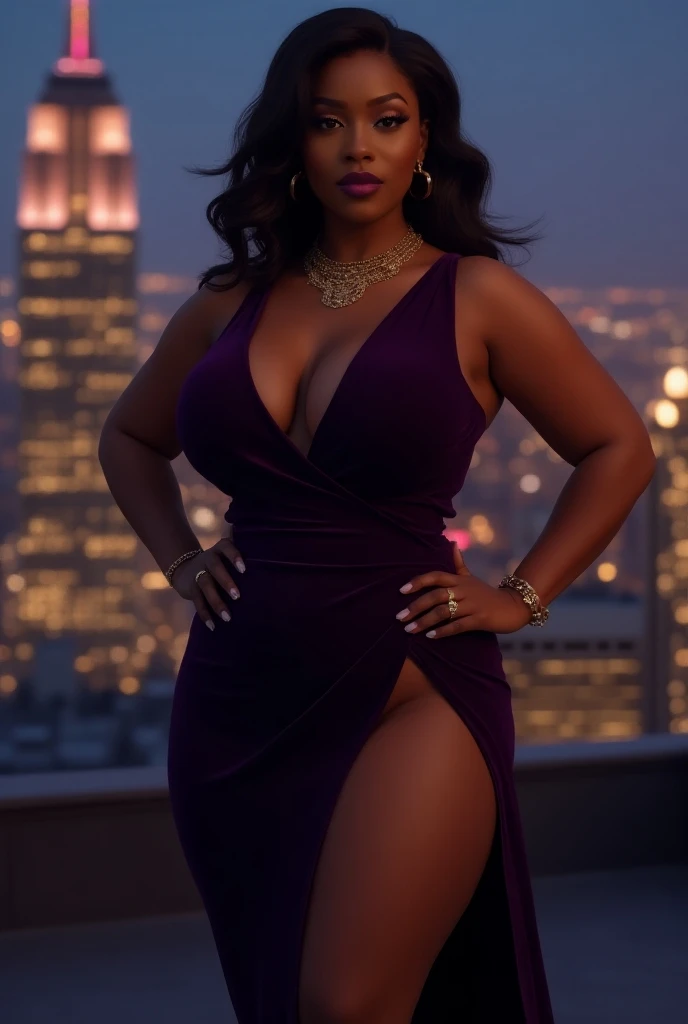 portrait of araffe woman in a rooftop bar in NYC, with luxurious and rich apparel, photorealistic perfect body, voluptuous body, realistic shaded perfect body, giant stunning goddess shot, beautiful goddess, hyperrealistic full figure, thick body, curvy body, beautiful curves, curvy model, long curvy black hair, brown hair and a perfect body, perfect body, nsfw huge breasts; natural and even low light lighting, large depth of field, f/16 depth of field
