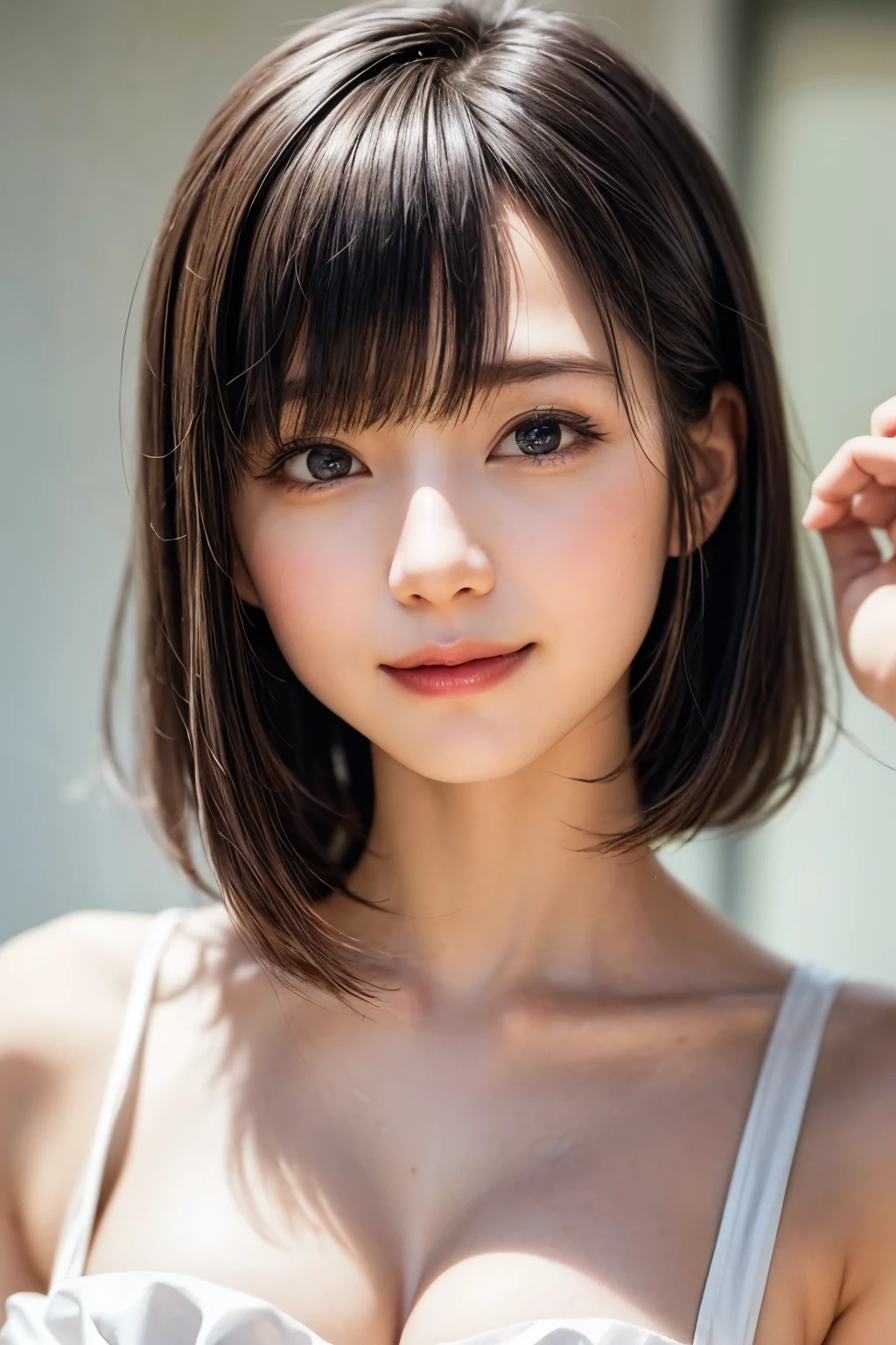 highest quality, Focus on the eyes, soft light, Use reflector to brighten your face, (Depth of bounds written) ,ultra high resolution, (realistic:1.4), RAW photo, (Bokeh:1.4), 1 girl, japanese woman, so beautiful, nogizaka girls, female idol, very pretty, alone, cute, (smile shyly:1.3), round big eyes, droopy eyes, short hair, medium breasts, small nostrils, (looking at the viewer:1.2),