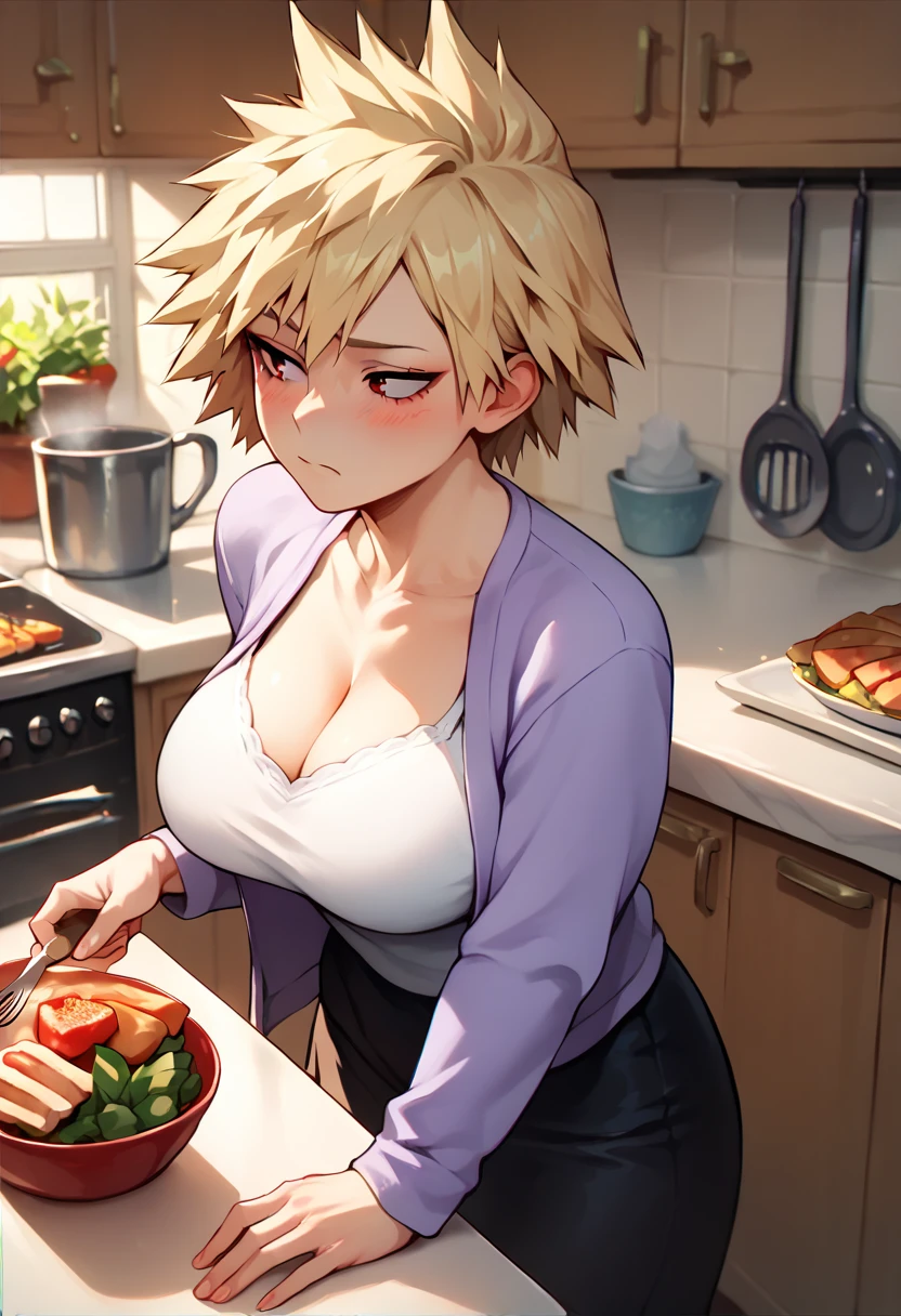 mski, blonde hair, spiked hair, short hair, red eyes, mature female, large breasts purple cardigan, long sleeves, white camisole, cleavage, black skirt, blush, kitchen, food,