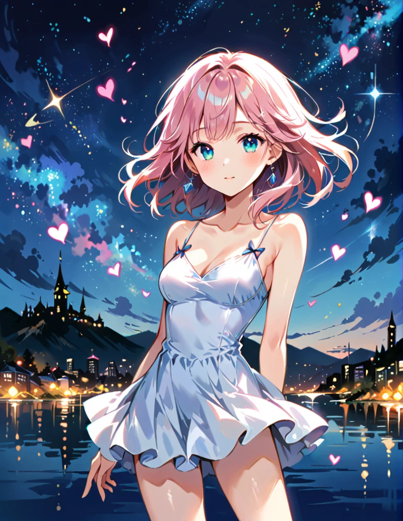 Makoto Shinkai Pink and White style, Simple Line Initialism，Abstract art，Urban Background, (((The most beautiful girl of all time))),  Lips in love, colorful hearts, stylish design, Starry Night,  camisole with prominent buttocks