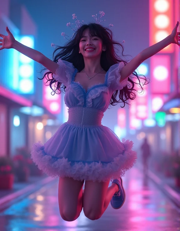  A beautiful young Japanese woman.
 Black hair with blue twigs .
lilac colored eyes, brilliant, obfuscating, expressive, bioluminescentes. 
She's dressed like Lolita .
Lolita style shoes.
 She's happy and jumping for joy.
neon effects.
32K, HDR, UHD. 