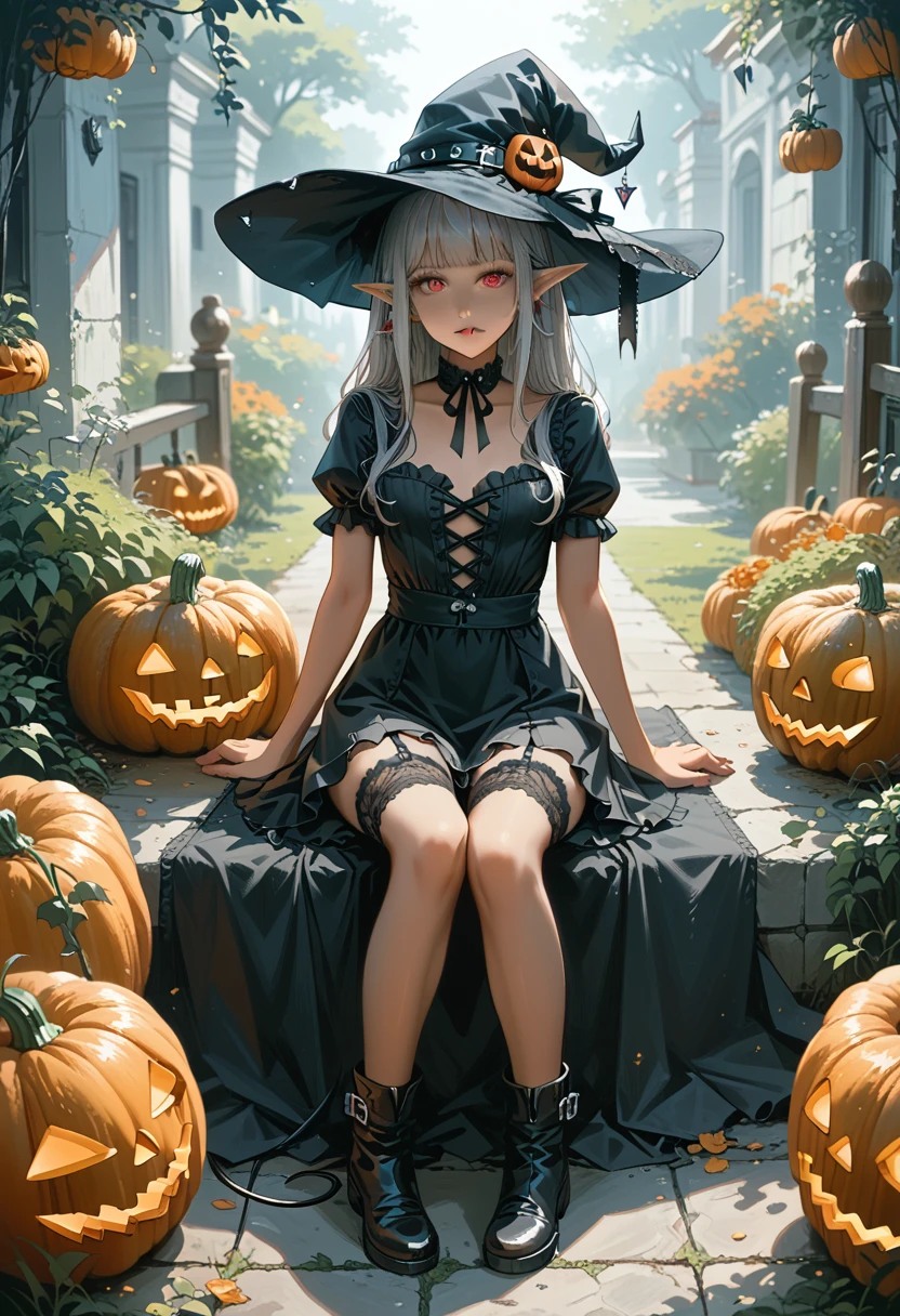 (high resolution,,)（garden）(Full body view) 1girl((female ) (Silver Hair、Elf Ears、（ devil's tail ）、tanned skin:2.5、)（ gothic dress,Witch Hat, garter belt, short boots,）(Sit on top of a giant jack-o-lantern）