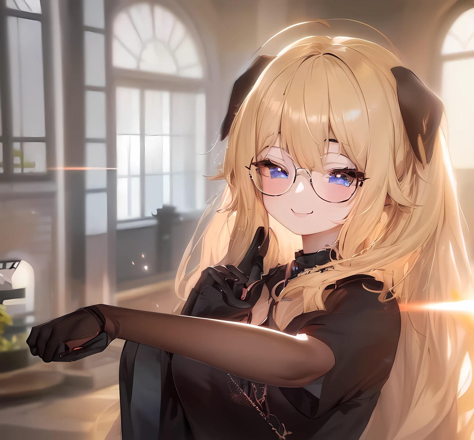 blonde anime girl with round glasses and black shirt pointing at something with henger, blue eyes, have a cute (brown) dog ears, inumimi, looking at camera, smiling, anime style. 8k, anime moe artstyle, photorealistic anime girl render, soft lighting, anime visual of a cute girl, render of a cute 3d anime girl, hanayamata, small curvy loli, 3d anime girl, anime moe artstyle, vrchat, anime style. 8k, stylized anime, render of april, shikamimi,