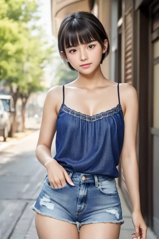 masterpiece,  best quality , High image quality ,High School Girl 10.0, very detailed , Asian Beauty,(.1),iris,natural beauty, like a movie,(  voluminous chest  ),Showing from the knees 10.0,Supple and soft limbs, Narrow Eyes and Thin Eye Makeup  ,Eliminates under-eye bags, very detailed なな目と顔,Glossy lips,Thighs,  sparkling eyes ,Droopy eyes,( short hair:1.2),(blunt bangs:1.2), show your armpits、(Walking around town ):( camisole with prominent buttocks:1.2)、( denim shorts:1.2)