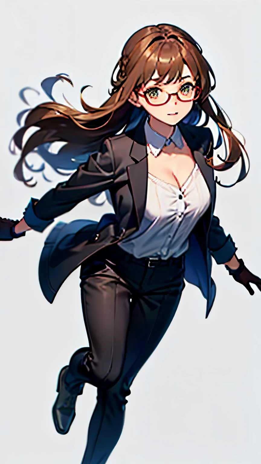 {best quality, masterpiece, high resolution}, solo, {{full body:0.7}}, One woman, glasses, long hair, braids, gloves, brown hair, suit, black slacks, white shirt, cleavage, red ribbon on head:0.2, long sleeves, black jacket, {white_background:0.8}, closed_mouth