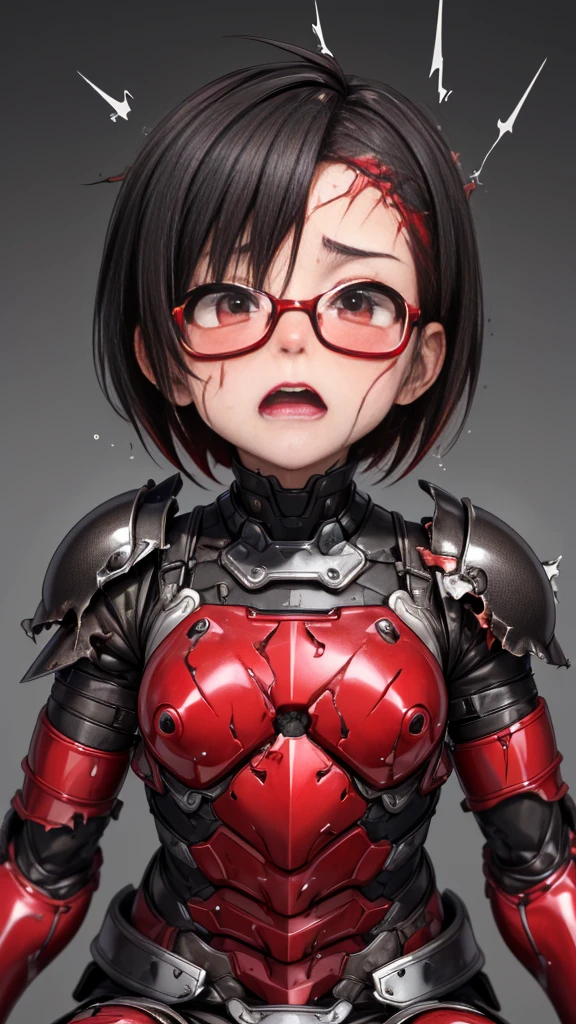 Rough skin,  very detailed ,  More Information,  high quality, 最 high quality,  Kampala, 1080P 、Bleeding from wounds、Red Armor、Wearing red and black、cute((Severe damage to the whole body))( from the damaged area of the upper body...)(Red Armor)(Broken Armor) Black Hair 、Glasses　Short Hair、 Drenched 、Open your mouth、Sweaty face、It hurts again、cute、、 I drooling from the mouth、Kindergarten girl　　(Steam coming out of my face) ((Steam from the body))  sit on a chair　 The vagina is moist　 I drool　 look up with the naked eye 　　　Ahegao　syncope