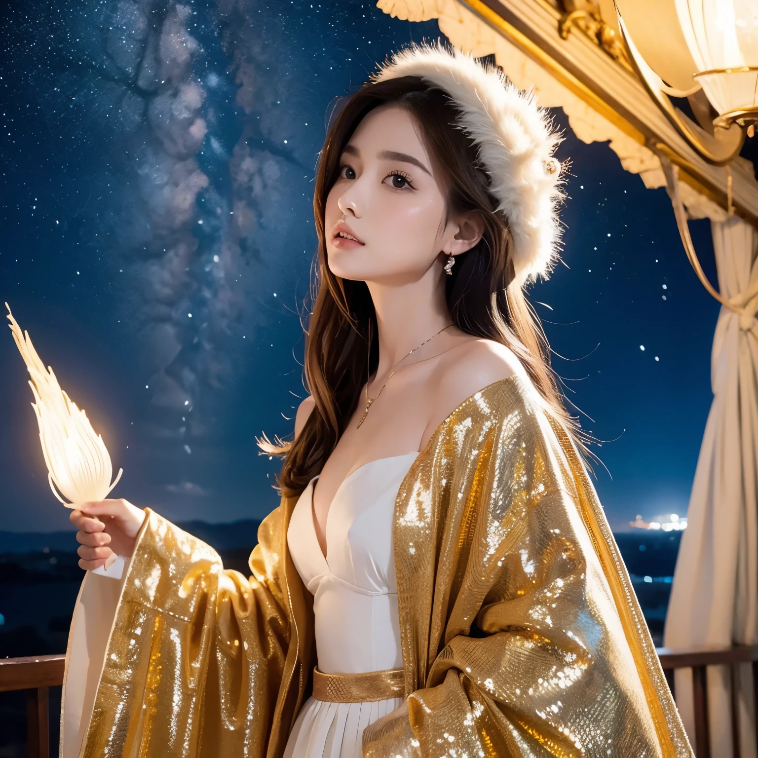 (masterpiece, high quality,  is the best quality,  Official Art ,   beauty and aesthetics : 1.2), ( 1 girl at home),  Extreme details, (Fractal Art: 1.3),  colorful , Premium Details ,  Perfect Face ,   upper body , HDR, prayer, ( white cape gold lines : 1.2), Starry Sky, meteor, Light stripes,  surrealism.