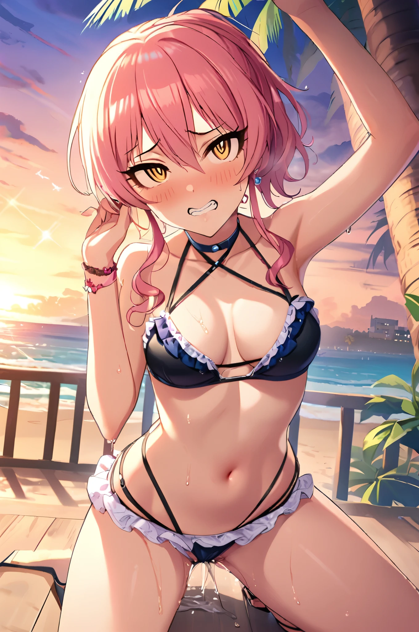 NSFW,masterpiece,Best Quality, Kampala, very detailed ,Mika Jougasaki \( The Idolmaster Cinderella Girls\),Pink Hair、 yellow eyes,(Sex slave), Frill Bikinis, halter neck, Multiple Straps,A patient face, clench your teeth,blush,Ahegao,beach, palm trees,Beach House, the whole body is wet , at dawn, open crotch , orgasm , squirt