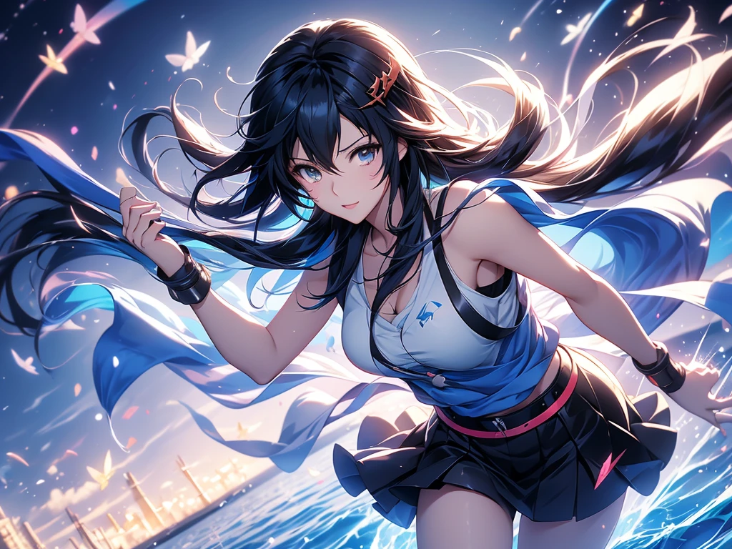 anime girl with black hair and blue shirt holding up her hand, kantai collection arcade, makoto shinkai and artgerm, kantai collection style, nanogirl, haruhi suzumiya, anime visual of a cute girl, official art, official artwork, railgun, kancolle, anime moe artstyle, makoto shinkai and bioware
