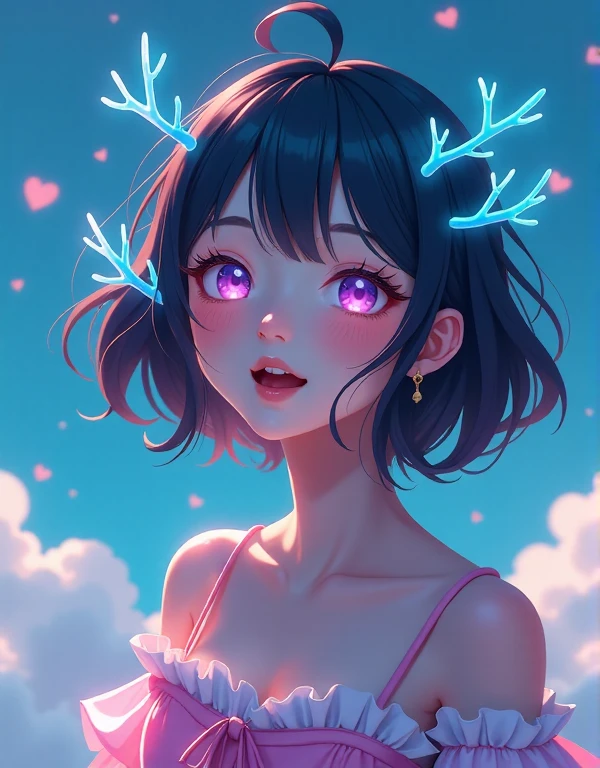  A beautiful young Japanese woman.
 Black hair with blue twigs .
lilac colored eyes, brilliant, obfuscating, expressive, bioluminescentes. 
She's dressed like Lolita .
Lolita style shoes.
 She's happy and jumping for joy.
neon effects.
32k anime style, HDR, UHD. 