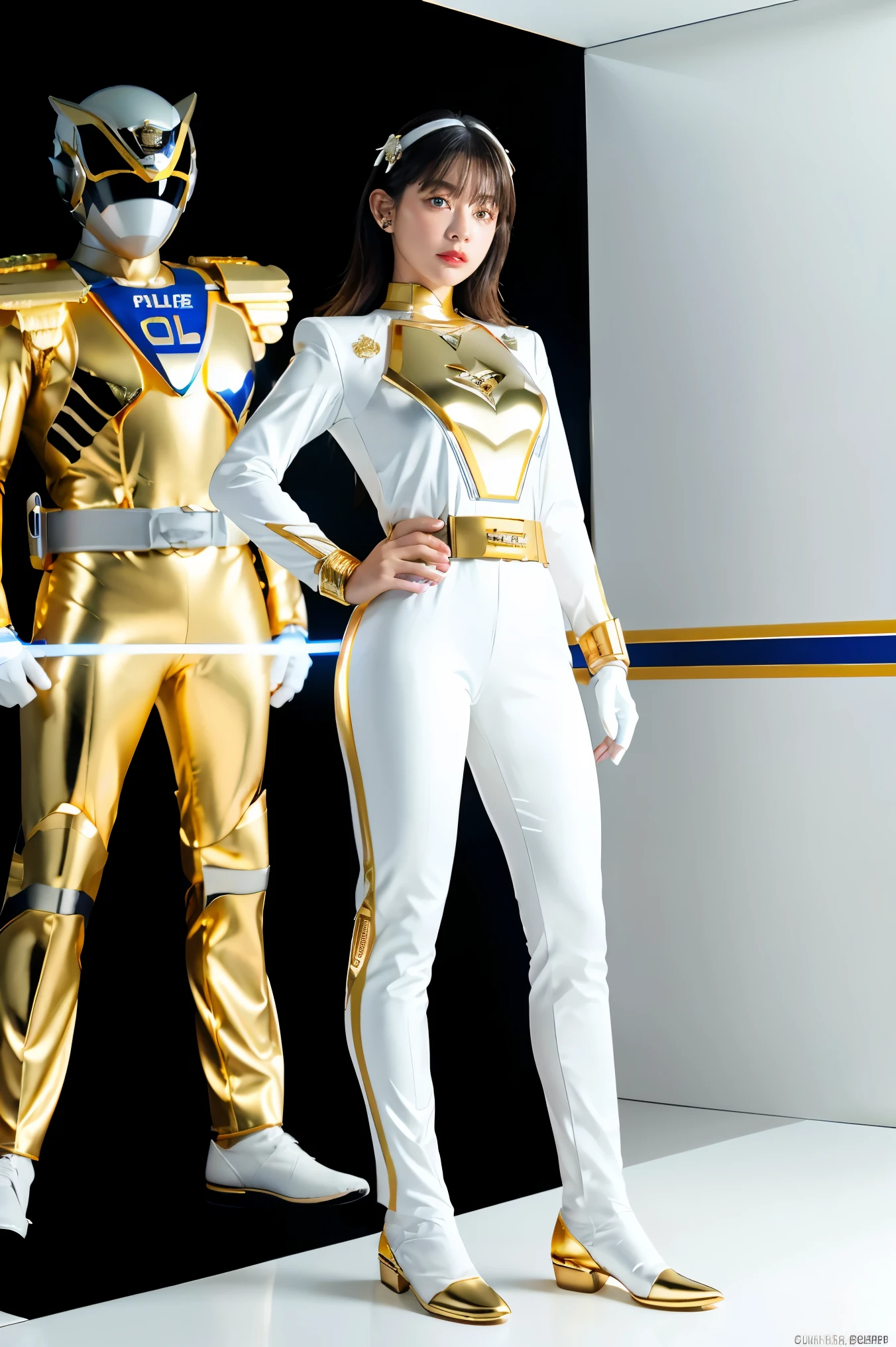 1girl, full body, Illustration, cinematic light, high resolution, best quality, ultra-detailed, masterpiece, power suit, powerranger, suit, spd, (Silver and Gold chest plate), white and gold detail, (((white suit))), ((police theme:1.2))
