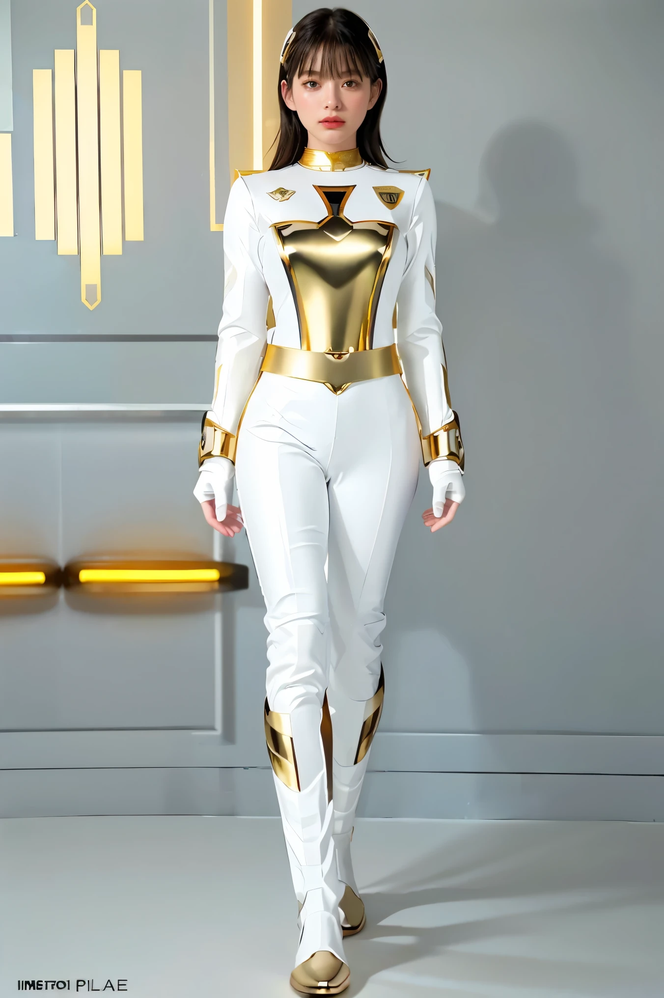 1girl, full body, Illustration, cinematic light, high resolution, best quality, ultra-detailed, masterpiece, power suit, powerranger, suit, spd, (Silver and Gold chest plate), white and gold detail, (((white suit))), ((police theme:1.2))
