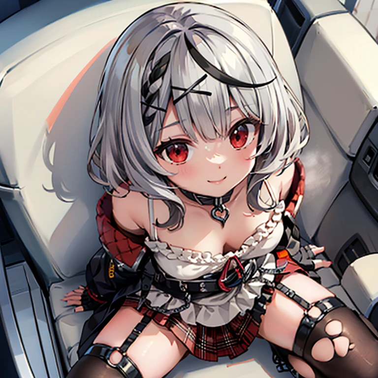 ((Best Quality)), ((masterpiece)), ( Details),Sandalwood、Red eyes、 garter strap、Fingerless gloves、Torn knee socks、Gray Hair、Multicolored Hair、 plaid skirt、大きなchest、chestの谷間、x-shaped hair ornament、 red skirt 、Black collar、 white camisole、chest、 Had、 black belt、 medium hair、 black jacket 、
(Split seat、From above、Down blouse)、
smile、
８k、