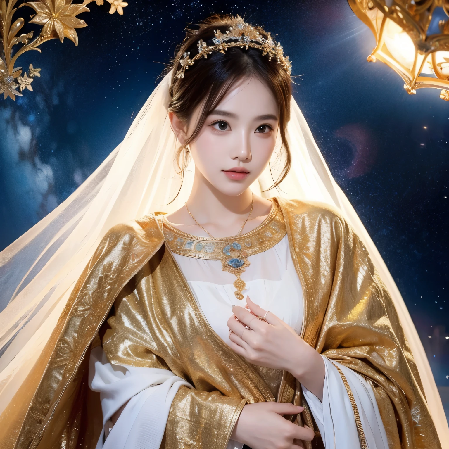 (masterpiece, high quality,  is the best quality,  Official Art ,  beauty and aesthetics : 1.2), ( 1 girl at home), Extreme details, (Fractal Art: 1.3),  colorful , Premium Details ,  Perfect Face ,  upper body , HDR, prayer, ( white cape gold lines : 1.2), Starry Sky, meteor, Light stripes,  surrealism.