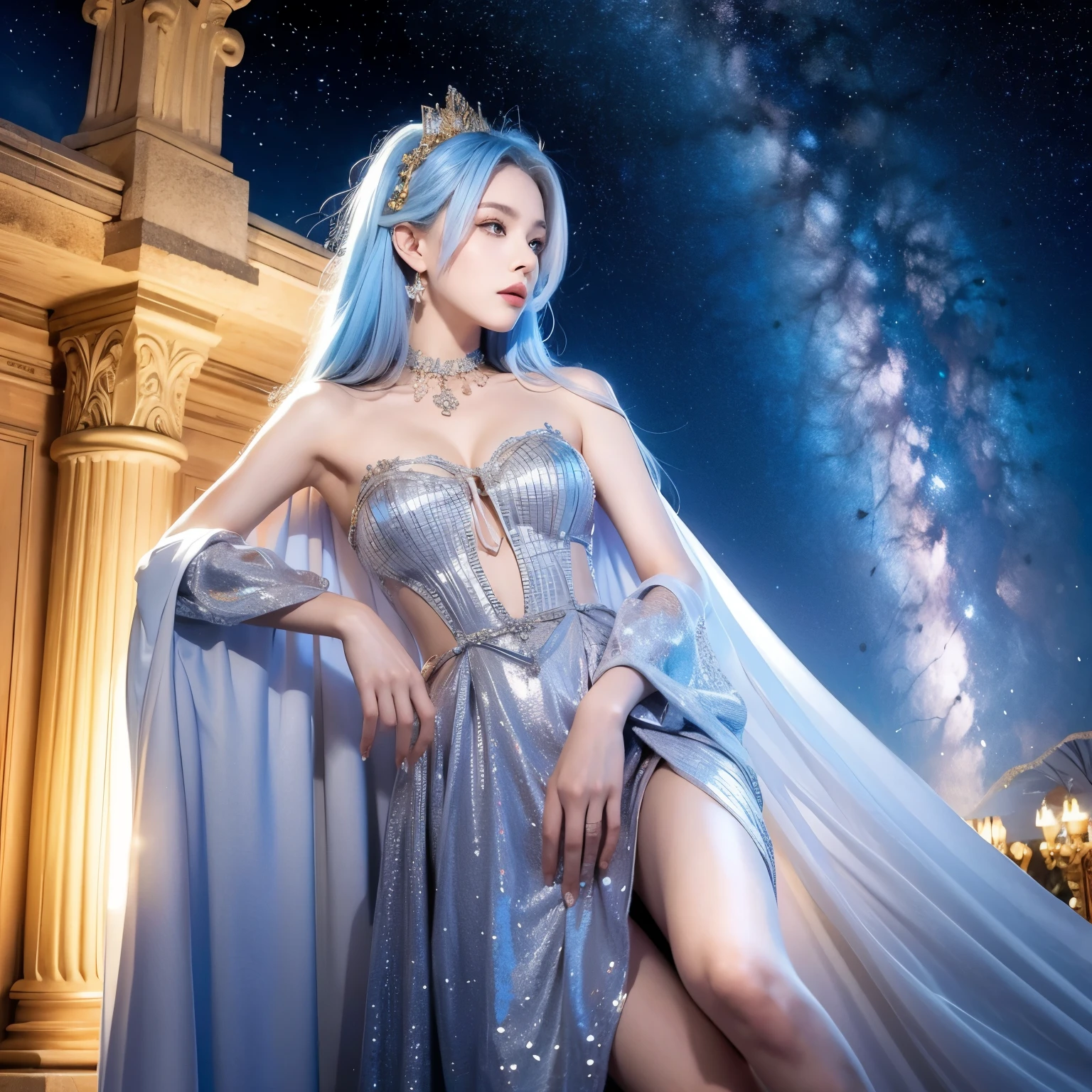 (masterpiece, high quality,  is the best quality,  Official Art ,  beauty and aesthetics : 1.2), ( 1 girl at home), Extreme details, (Fractal Art: 1.3),  colorful , Premium Details ,  Perfect Face ,  upper body , HDR,  ( white cape gold lines : 1.2), Starry Sky, meteor, Light stripes,  surrealism.Light blue hair