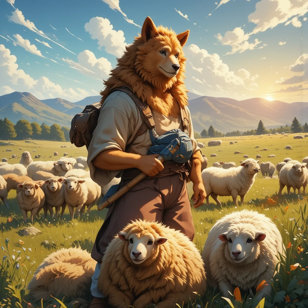 character focus, full body, looking away, dynamic angle, shepherd, middle-aged akita inu man, happy, light smile, costume clothes, shirt, pants, pastoral stick, a flock of sheep, detailed painting landscape, afternoon, sheep farm, outdoor, BREAK full body in Michelangelo Buonarroti style, housamo style, digital illustration anime, BREAK complete anatomy, perfect proportions, beautiful thigh gap, fluffy body, intricate fur details, beautiful fur texture, BREAK a detailed akita inu 1tail, detailed toe, 5toes, 5toes nails, beautiful foot, detailed hands, 5fingers, 5fingers nails, BREAK aesthetic anime face, insanity detailed face, male face, big face, square jawline, aesthetic anime eyes, detailed brown eyes, detailed brown cornea, detailed dark brown irises, detailed pupils, male eyes, big eyes, male eyebrows, innocent look, beautiful beard, BREAK masterpiece, official art, best quality, very aesthetic, absurdres, super fine illustration, great quality, BREAK noise reduction, very highres, large filesize, high quality, 32K, 8k wallpaper, dynamic lighting, BREAK insanity detailed, ultra detailed, intricate details, extremely detailed, detailed texture, an extremely delicate and beautiful, full color, HDR, BREAK e621 illustration, osukemo, kemohomo, anthropomorphic, furry, cartoon, harmonious eyes, pastoral face, virtuous body, epic atmosphere 