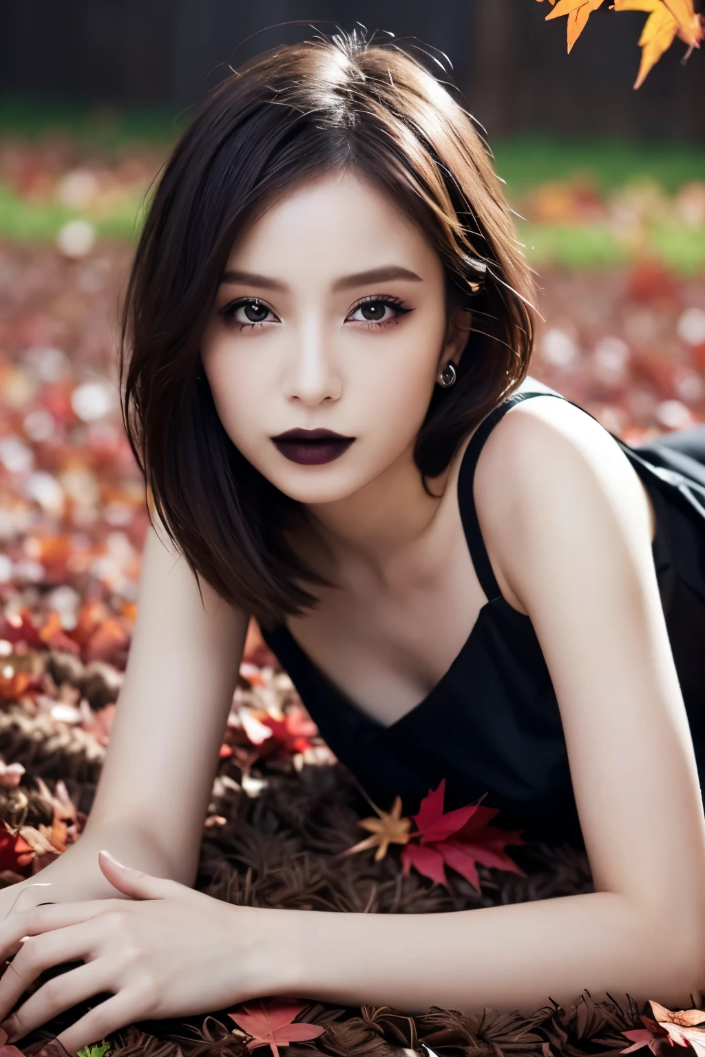  1 girl, ( She's wearing a gothic black dress :1.2), ( gothic makeup ),  A very beautiful portrait of a Japanese singer , (RAW Photo Best Quality), (Realistic, Realistic:1.4), (masterpiece), 
 very detailed , 2k wallpaper, wonderful, finely,  very detailed ,  CG Unity 8k Wallpaper ,  very detailed ,  Kampala, Soft light, 
 A beautiful girl carefully drawn in every detail ,  very detailed な目と顔, A beautiful and elegant nose,  beautiful beautiful eyes, Cinema Lighting, 
(Girl full body silhouette:1.2), (She is lying on a carpet of fallen red maple leaves:1.3), ( A vivid screen with intense contrasts ),
( medium hair), (Disheveled hair spreading on the ground :1.2), 
 perfect anatomy, Slender body, Small breasts, Thin legs