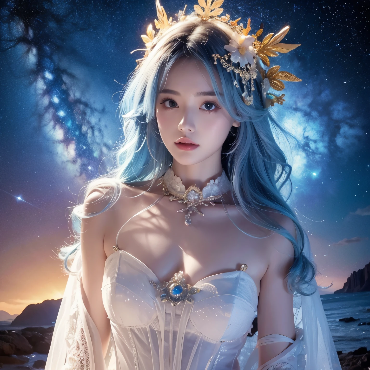 (masterpiece, high quality,  is the best quality,  Official Art ,  beauty and aesthetics : 1.2), ( 1 girl at home), Extreme details, (Fractal Art: 1.3),  colorful , Premium Details ,  Perfect Face ,  upper body , HDR,  ( white cape gold lines : 1.2), Starry Sky, meteor, Light stripes,  surrealism.Light blue hair