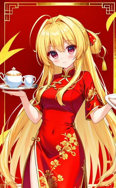  beautiful long blonde hair 　 red china dress with tray in hand　 slit 