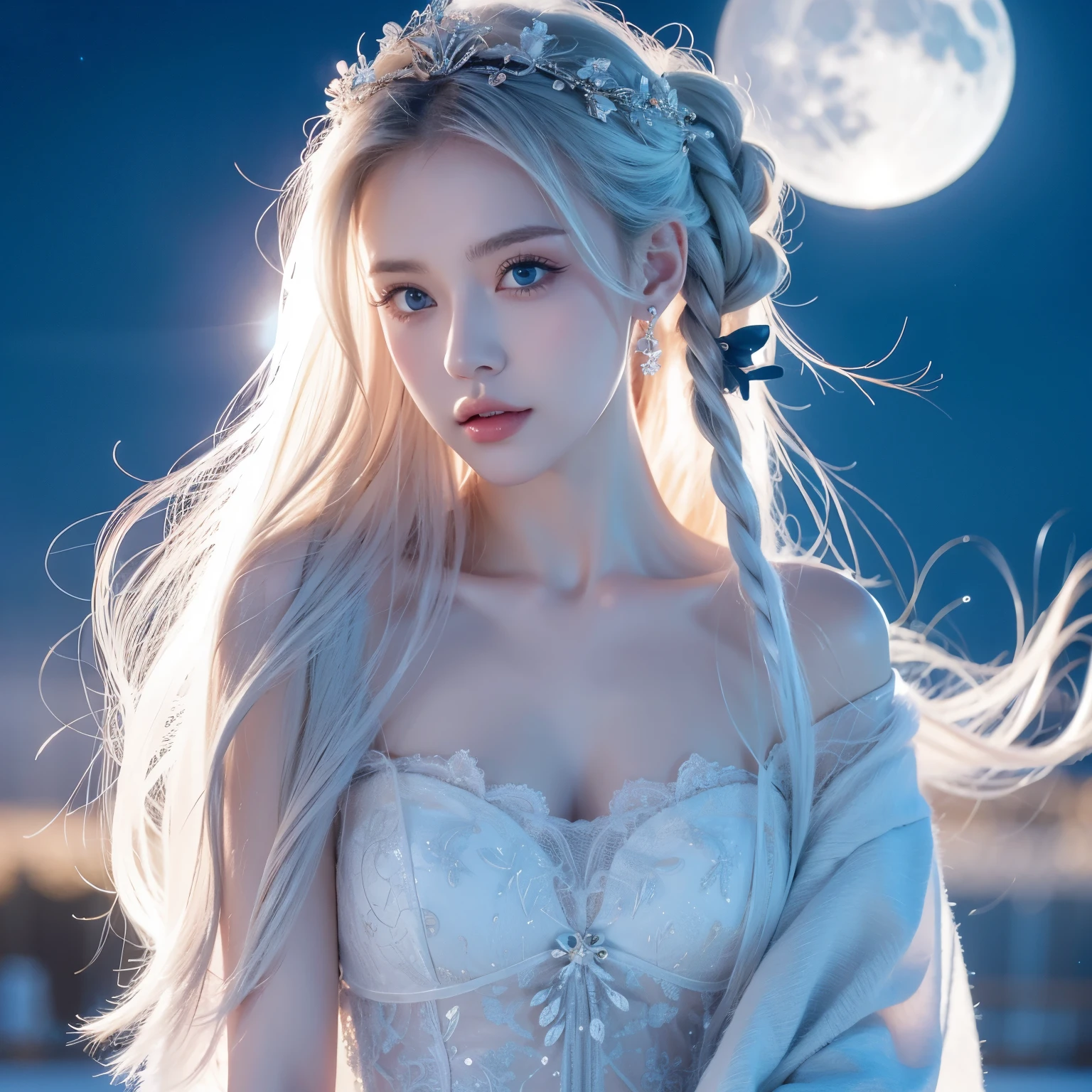 masterpiece, ( is the best quality: 1.2), (very good: 1.2), illustration, ( extremely exquisite and beautiful : 1.2), Film Angle, floating, (Exquisite eye for detail: 1.1), (Detail Light: 1.1), Movie Light, Exquisite sky, Miss, White hair, Blue Eyes, (High Ponytail: 1.1), cloak,  Sparkling Eyes, (moon: 1.2), (moonlight: 1.1), Starry Sky, (Light Particles: 1.1), FOG , Snow painting, sketch, bloom