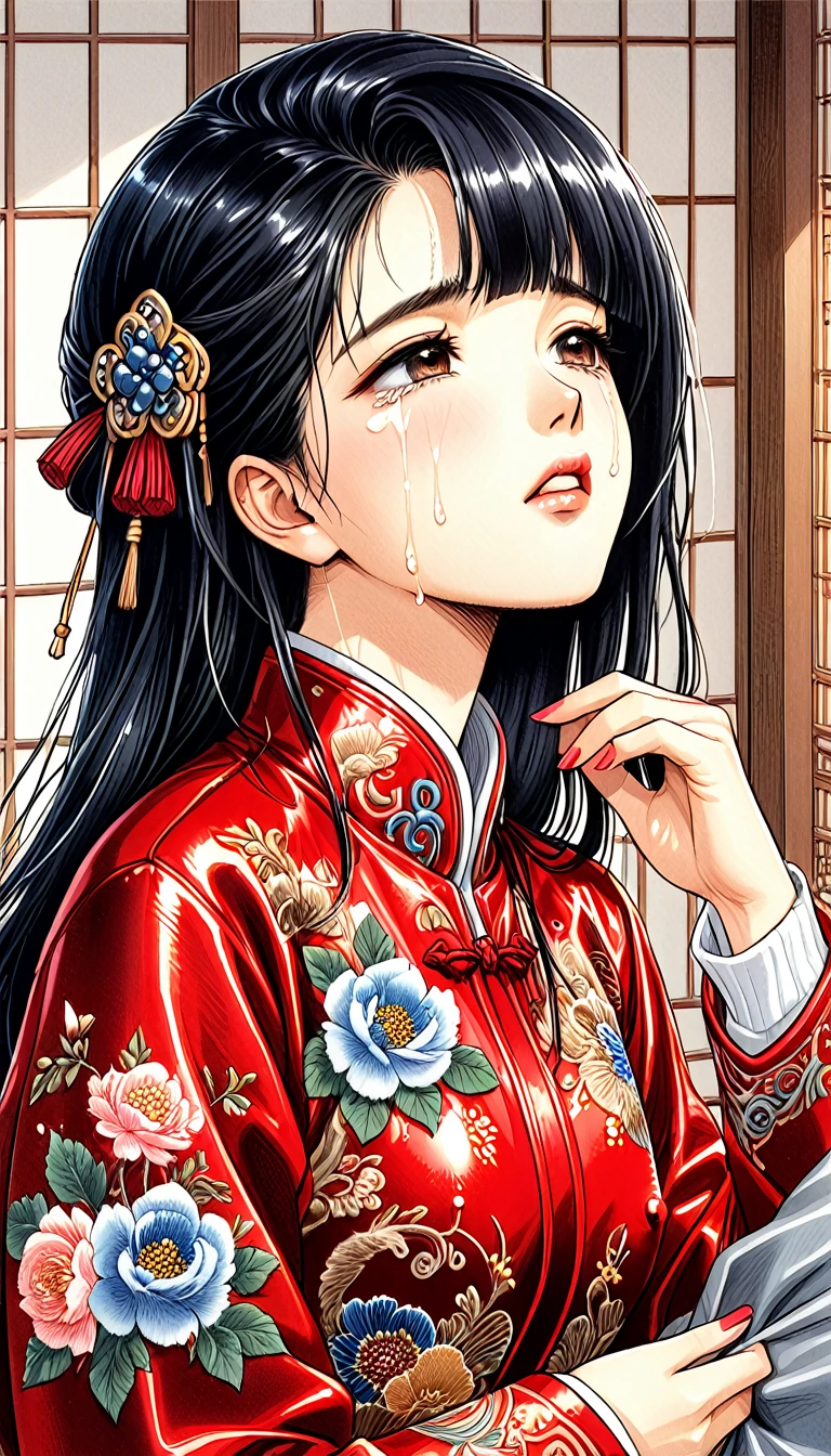 Beautiful Korean princess with long black hair 　She's crying with a frightened expression、Gorgeous embroidery,  long sleeve winter clothes ultra glossy ,  she is wearing a red long sleeve shiny China jacket　　　She has her sucked by an old man sucking cock 彼女はペニスを頬張って咥える　covered erectile nipples