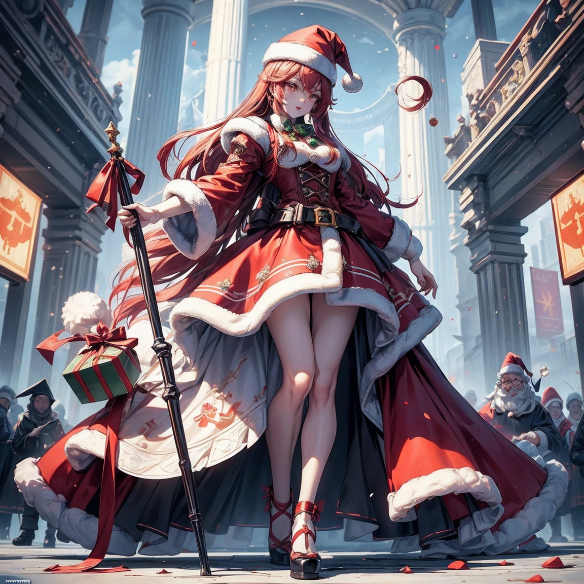 (Best Quality:1.2,  very detailed , up to date, Fun expression,  ultra high resolution,  high contrast, masterpiece:1.2, Best Quality, Best aesthetics), cute, Shortcuts、Red hair and Santa outfit、Santa Makeup、Santa hat、Candy cane in the shape of a cane , Black sharp gaze, Glamorous proportions,candy stick,  Christmas、 gifts、 Santa Claus、Glamorous proportions,Aggressive Movement、 full body shown、 background white official illustration style,masterpieceBest Quality,Exquisite,8k, absurd,Super detailedなイラスト,( watch the audience ) (Super detailed, The absolute solution, Best Quality:1.3), 2.5D,  Delicate and dynamic effects, Lighting Effects, Artistic, Hyper,  Graphic CG Digital Art 、 Full Body Shot , design sheet