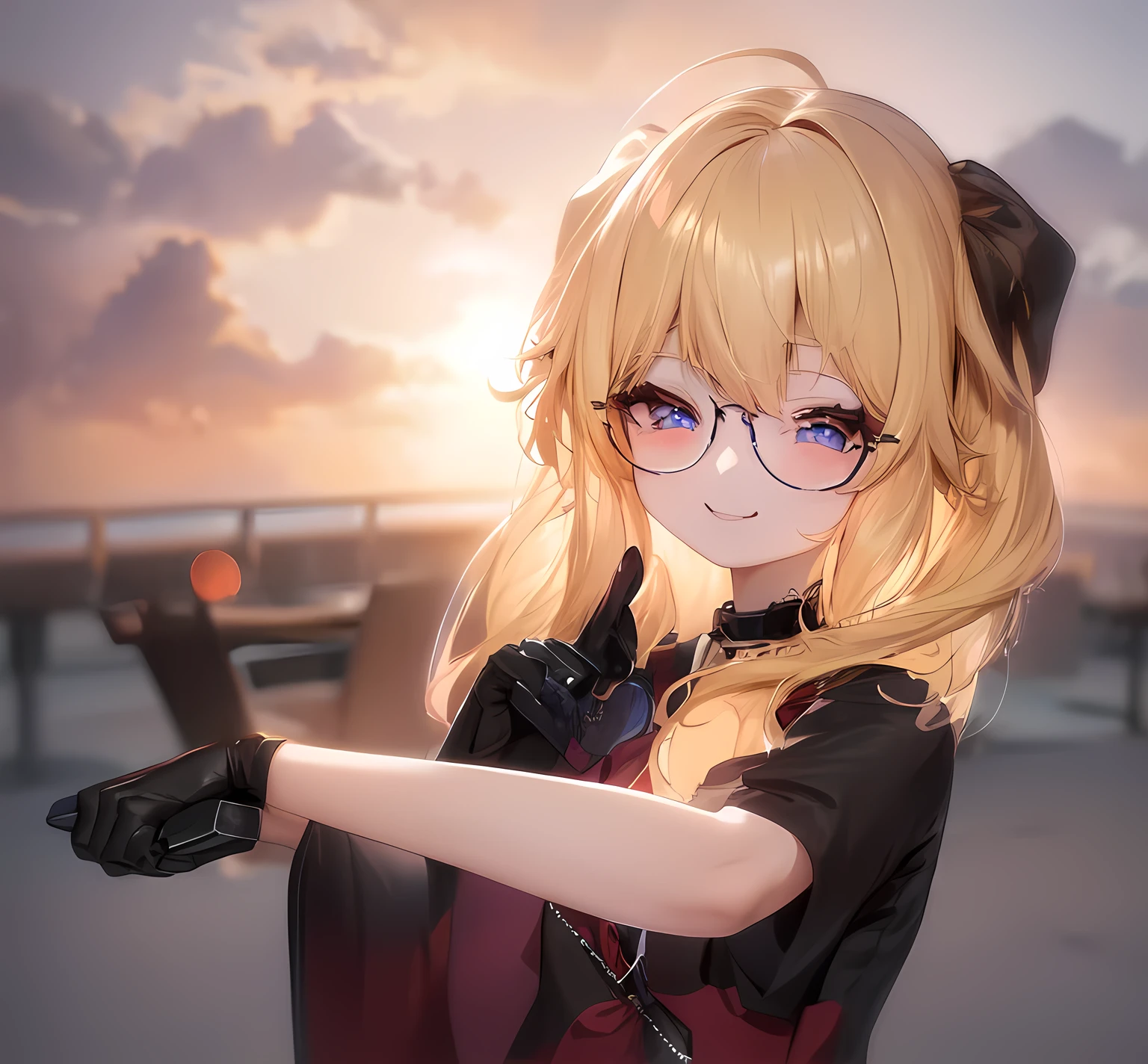 blonde anime girl with round glasses and black shirt pointing at something with henger, blue eyes, have a cute (brown) dog ears, inumimi, looking at camera, smiling, anime style. 8k, anime moe artstyle, photorealistic anime girl render, soft lighting, anime visual of a cute girl, render of a cute 3d anime girl, hanayamata, small curvy ****, 3d anime girl, anime moe artstyle, vrchat, anime style. 8k, stylized anime, render of april, shikamimi,