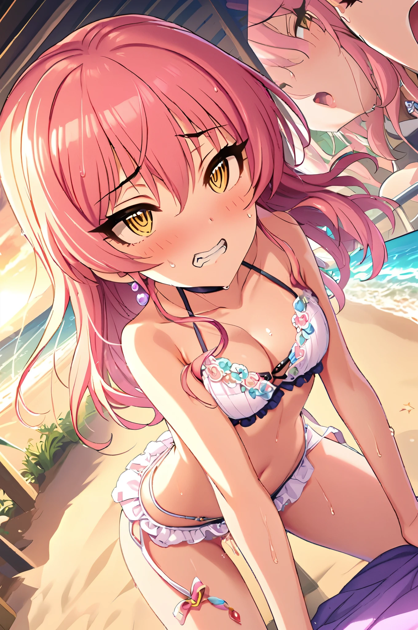 NSFW,masterpiece,Best Quality, Kampala, very detailed ,Mika Jougasaki \( The Idolmaster Cinderella Girls\),Pink Hair、 yellow eyes,(Sex slave), Frill Bikinis, halter neck, Multiple Straps,A patient face, clench your teeth,blush,(Ahegao),beach, palm trees,Beach House, the whole body is wet , at dawn, open crotch , orgasm , squirt