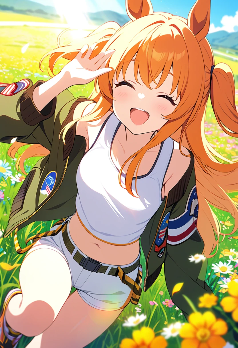 Best Quality、Horse Girl、Mayano Top Gun、green jacket with white tank top、White hot pants 、Orange long hair、 Grassland with sunlight shining through、Colorful flowers、vision、Cheerful attitude