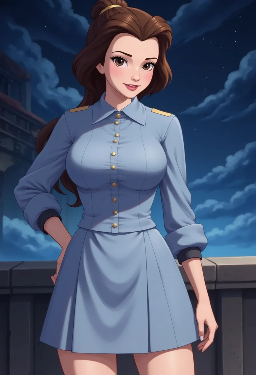 (highest resolution, distinct_image), best quality, masterpiece, highly detailed, semi realistic, a woman with black shoulder length hair, black pupils, mature, mature woman, imperial sister, sexy, short hair, triple bangs, light blue uniform, light blue uniform jacket, soldier, light blue pleated skirt, military uniform, fighter front, future, science fiction, universe