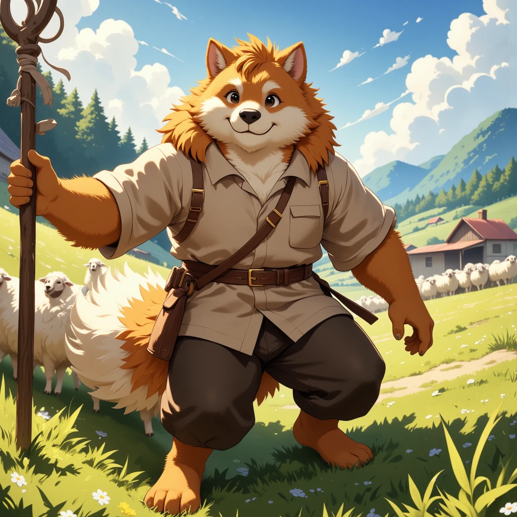 character focus, full body, looking away, dynamic angle, shepherd, middle-aged akita inu man, happy, light smile, costume clothes, shirt, pants, pastoral stick, a flock of sheep, detailed painting landscape, afternoon, sheep farm, outdoor, BREAK full body in Michelangelo Buonarroti style, housamo style, digital illustration anime, BREAK complete anatomy, perfect proportions, beautiful thigh gap, fluffy body, intricate fur details, beautiful fur texture, BREAK a detailed akita inu 1tail, detailed toe, 5toes, 5toes nails, beautiful foot, detailed hands, 5fingers, 5fingers nails, BREAK aesthetic anime face, insanity detailed face, male face, big face, square jawline, aesthetic anime eyes, detailed brown eyes, detailed brown cornea, detailed dark brown irises, detailed pupils, male eyes, big eyes, male eyebrows, innocent look, beautiful beard, BREAK masterpiece, official art, best quality, very aesthetic, absurdres, super fine illustration, great quality, BREAK noise reduction, very highres, large filesize, high quality, 32K, 8k wallpaper, dynamic lighting, BREAK insanity detailed, ultra detailed, intricate details, extremely detailed, detailed texture, an extremely delicate and beautiful, full color, HDR, BREAK e621 illustration, osukemo, kemohomo, anthropomorphic, furry, cartoon, harmonious eyes, pastoral face, virtuous body, epic atmosphere 