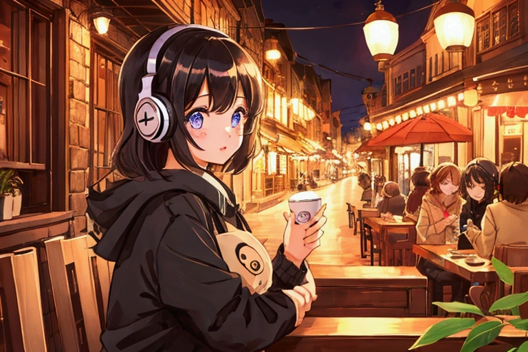 One girl who turned around、8k、 best quality 、Cute eyes、midnight、Emotional、 fun atmosphere 、 headphones、Cafe