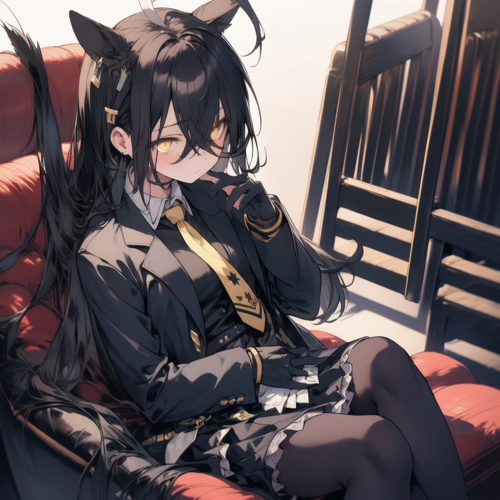 a man sitting alone in a manhattan cafe, expressionless, ahoge, wearing a black jacket, shirt, tie, black gloves, skirt, pantyhose, single earring, tail