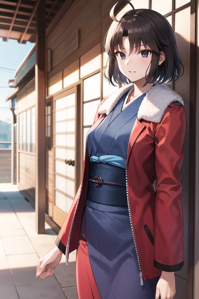 masterpiece, Best Quality,  Kampala, Khimshiki ,  short hair, Ahoge,  red jacket,  BLACK EYES, Blue kimono, Open clothes,  fur trim,  cowboy shot, Outdoor,  Knight ,