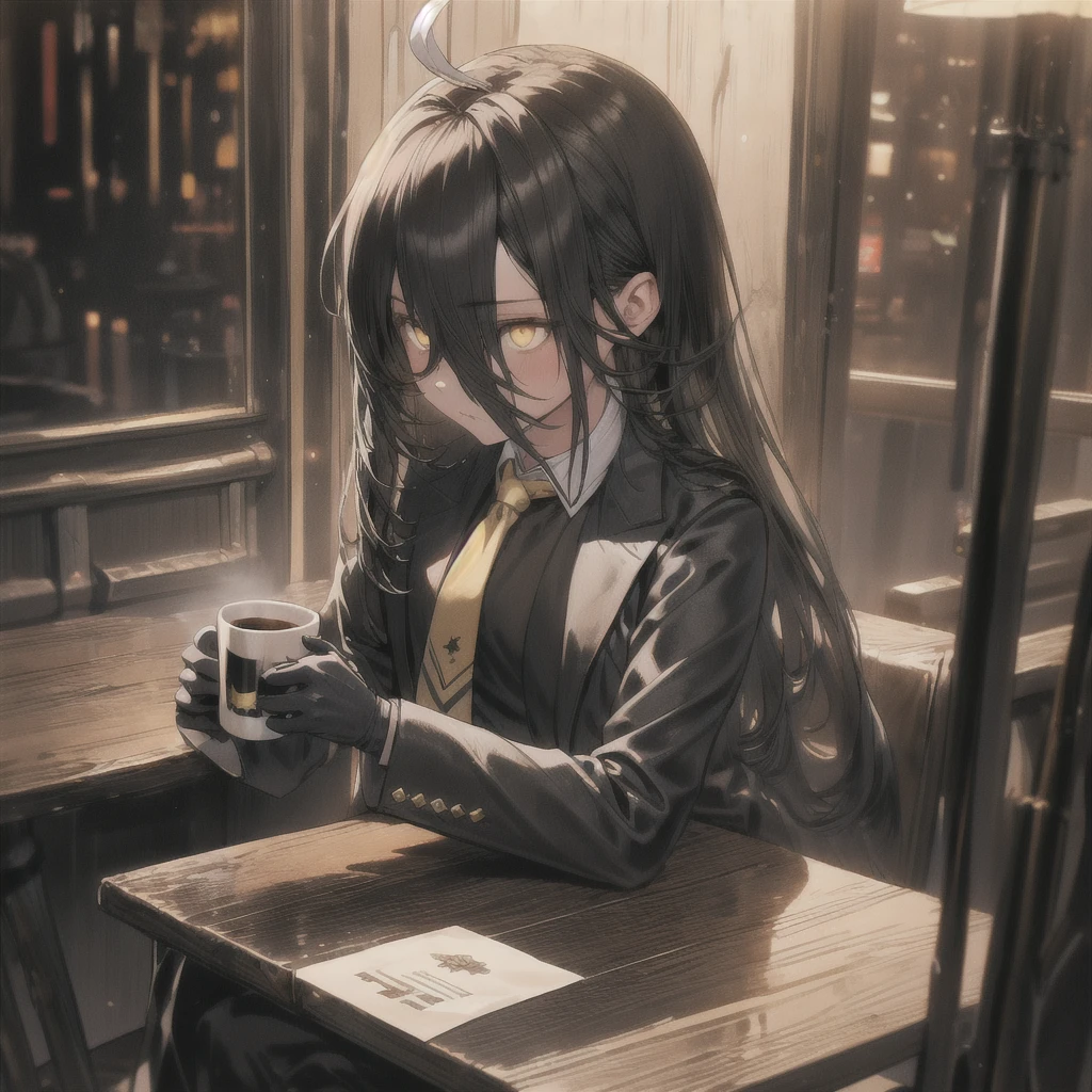 a man sitting alone in a manhattan cafe, expressionless, ahoge, black jacket, shirt, tie, black gloves, skirt, pantyhose, single earring, coffee mug, cinematic lighting, moody atmosphere, photorealistic, highly detailed, 8k, masterpiece