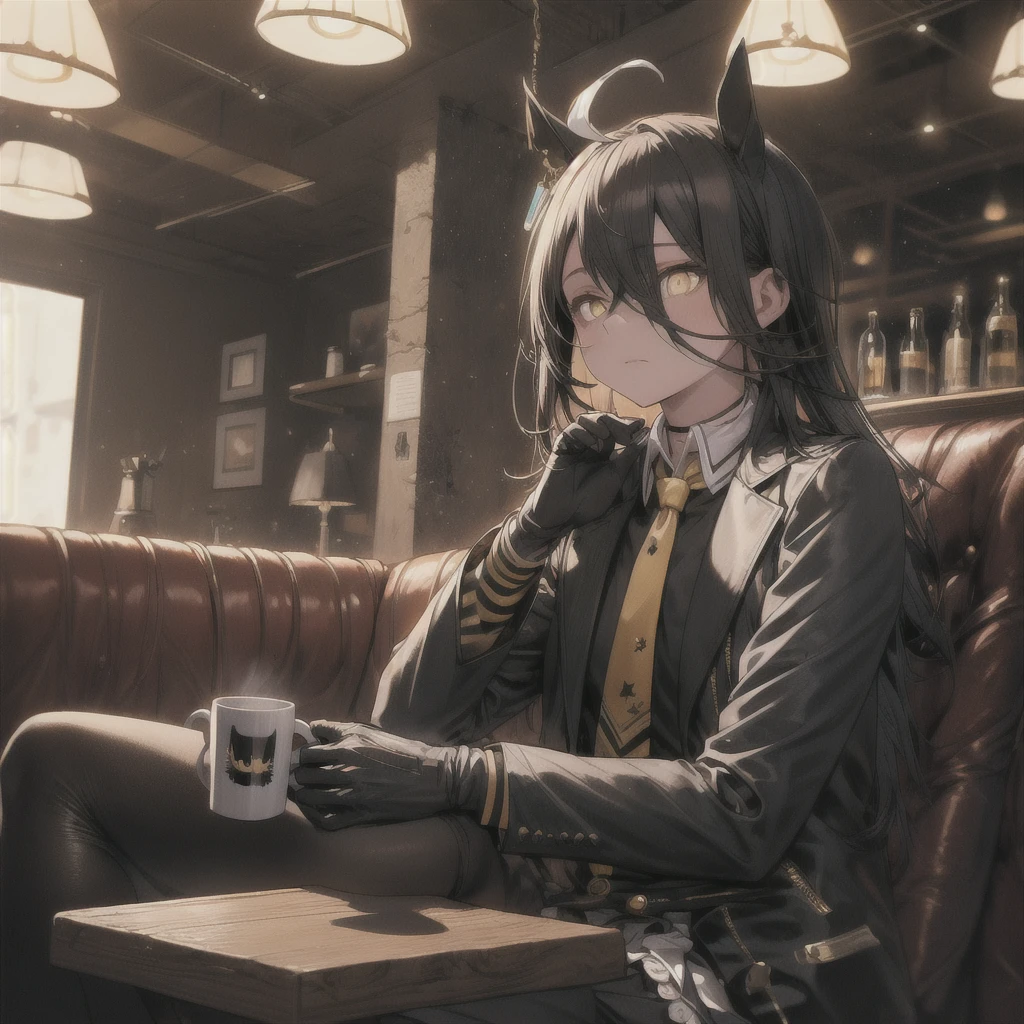 a man sitting alone in a manhattan cafe, expressionless, ahoge, black jacket, shirt, tie, black gloves, skirt, pantyhose, single earring, coffee mug, cinematic lighting, moody atmosphere, photorealistic, highly detailed, 8k, masterpiece