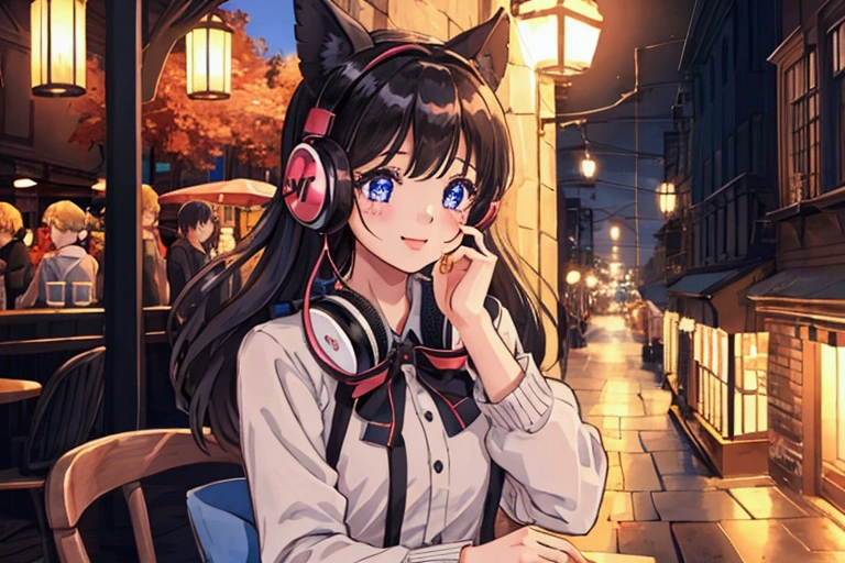 One girl who turned around、8k、 best quality 、Cute eyes、midnight、Emotional、 fun atmosphere 、 headphones、Cafe