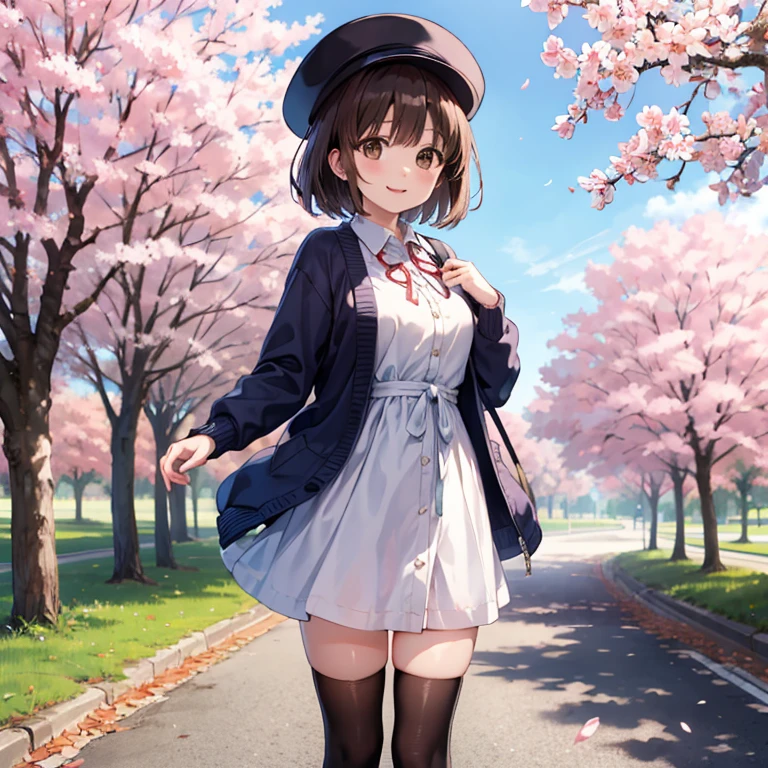 ((Best Quality)), ((masterpiece)), ( Details),Megumi Kato、solo、Standing posture、
Brown Hair、 short hair、（ Brown Eyes ：1.7）、smile、
hat、 jacket、 Long Sleeve 、 knee socks、白いhat、白い knee socks、dress、白いdress、（赤い jacket：1.5）、（白いhat：1.5）、 open cardigan、Open clothes、
Beautiful cherry blossom trees 、８k