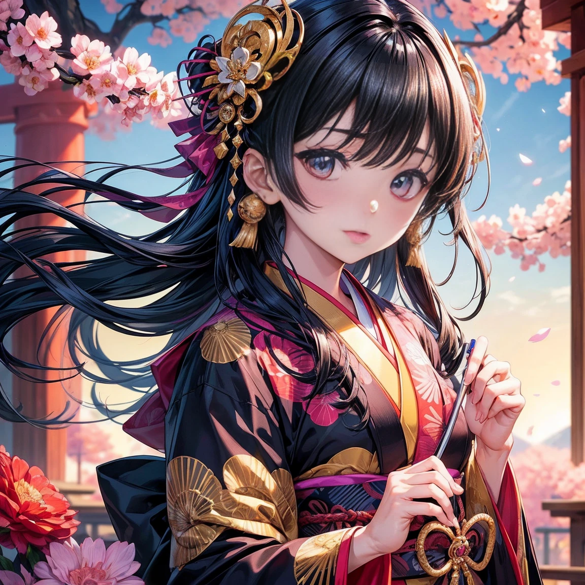 (Best Quality:1.2,  very detailed , up to date, Fun expression,  ultra high resolution,  high contrast, masterpiece:1.2, Best Quality, Best aesthetics), cute, Japanese princess hairstyle with black hair wearing a colorful kimono、カラフルな着物を着ている、New Year&#39;s pine decoration、shrine、snake、new year、Glamorous proportions,Aggressive Movement、 full body shown、 background white official illustration style,masterpieceBest Quality,Exquisite,8k, absurd,Super detailedなイラスト,( watch the audience ) (Super detailed, The absolute solution, Best Quality:1.3), 2.5D,  Delicate and dynamic effects, Lighting Effects, Artistic, Hyper,  Graphic CG Digital Art 、 Full Body Shot , design sheet