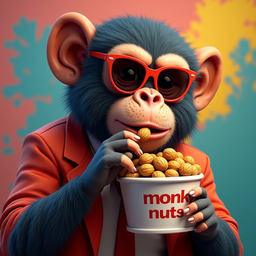 An artful rendering of monkey with  fur and brown skin in a cool suit and sunglasses, eating a bucket of nuts bucket says "monky nuts" with a bright and colorful background, rendered in 8K hyper-realism.