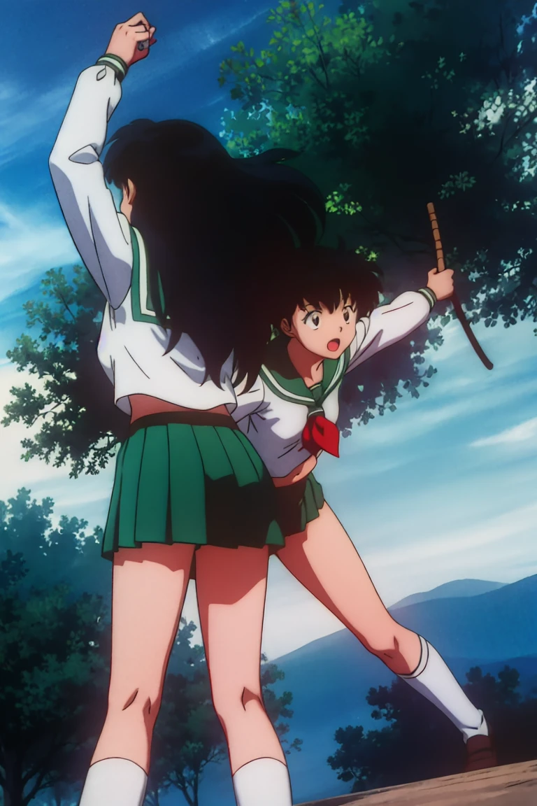 1girl, solo, outdoors, long hair, brown eyes, school uniform,(Masterpiece: 1.6, Best Quality), (Fine Beautiful Eyes: 1.2), (best quality, masterpiece, higher), green school uniform, soft thighs , long sleeves, white socks, scenery , Best Quality, ((anime)) ((Colored)) HD, Kagome Higurashi ,school uniforms, Standing, Green skirt, Red scarf, long hair, Black hair between the eyes, Thighs are soft, school background , black hair, skirt ,standing, green skirt, serafuku, belly button, stretching, both arms up
