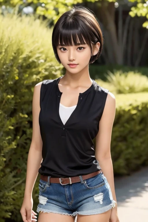 masterpiece,  best quality , High image quality ,High School Girl 10.0, very detailed , Asian Beauty,(.1),iris,natural beauty, like a movie,(  voluminous chest  ),Showing from the knees 10.0,Supple and soft limbs, Narrow Eyes and Thin Eye Makeup  ,Eliminates under-eye bags, very detailed なな目と顔,Glossy lips,Thighs,  sparkling eyes ,( short hair:1.2),(blunt bangs:1.2),(sleeveless shirt:1.2)、( shorts:1.2)