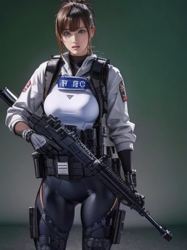 Best Quality、 amazing details、  ultra high resolution 、（realism：1.4）、（（close：0.75））、One woman is very condensed、  beautiful and delicate face 、Perfect Proportions、 Narrow Down the Target Group 、Large Breasts）、Brown Hair、（White Technology Suit）、（Cyborg Vs..  Police uniform、、、Black and grey mech、military harness、RPG-7、  hitchtech flamethrower tank transport）、The background is a simple gray wall、