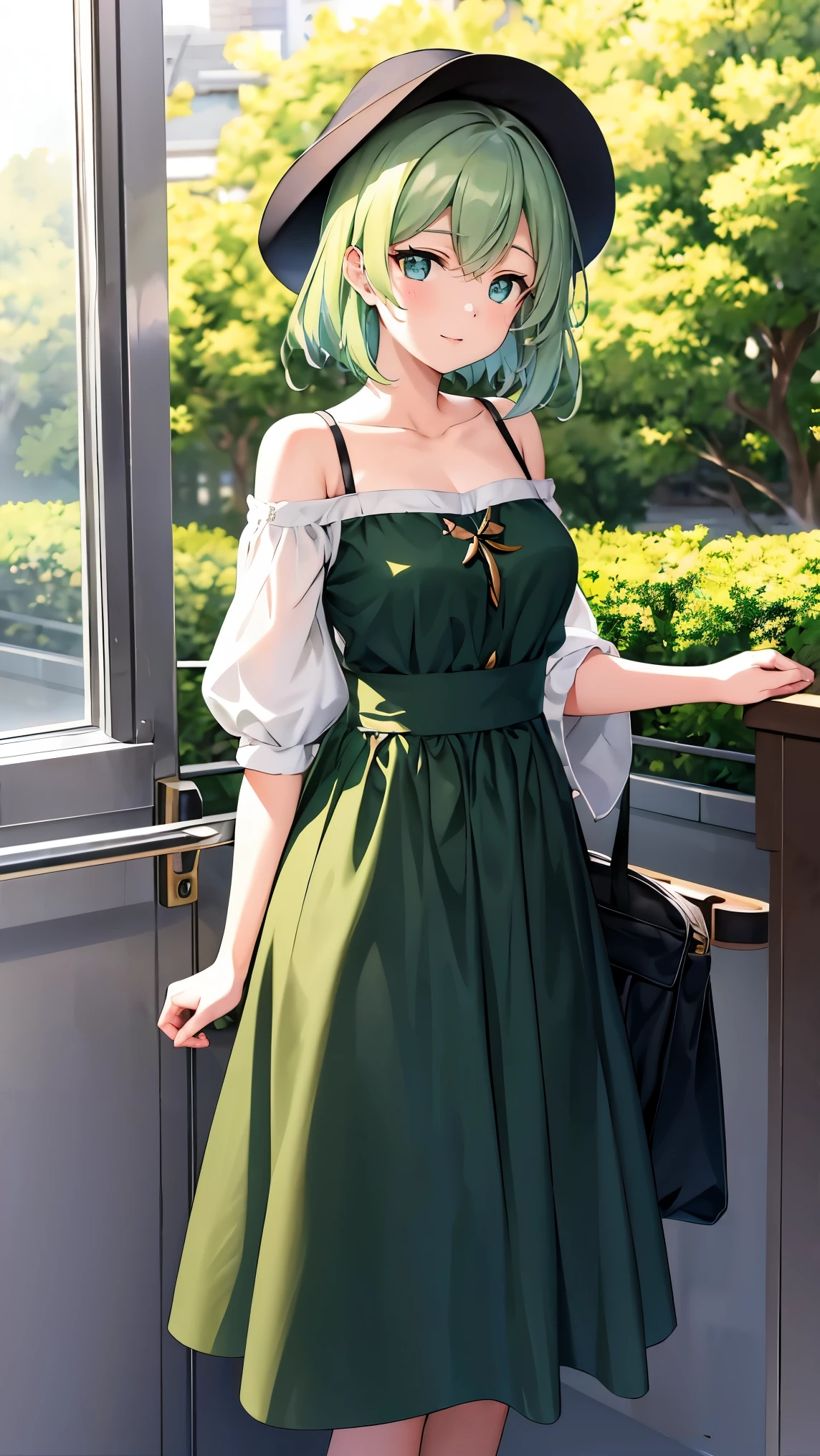 Medium-long shoulder-length green hair,  small size breasts, Small breasts、Green Eyes, 、(((Ladylike))), full body from head to toe 、skirt、 and slightly longer sleeves to fit in the palm of your hand、Feminine clothing、Knitted hat、Chuckle、((Inside the carの助手席))、Drive Date、A great view、Inside the car、 chatting 、Stylish、Looking at the view outside、 sideways、The wind from the car window makes my hair flutter、Realistic Background