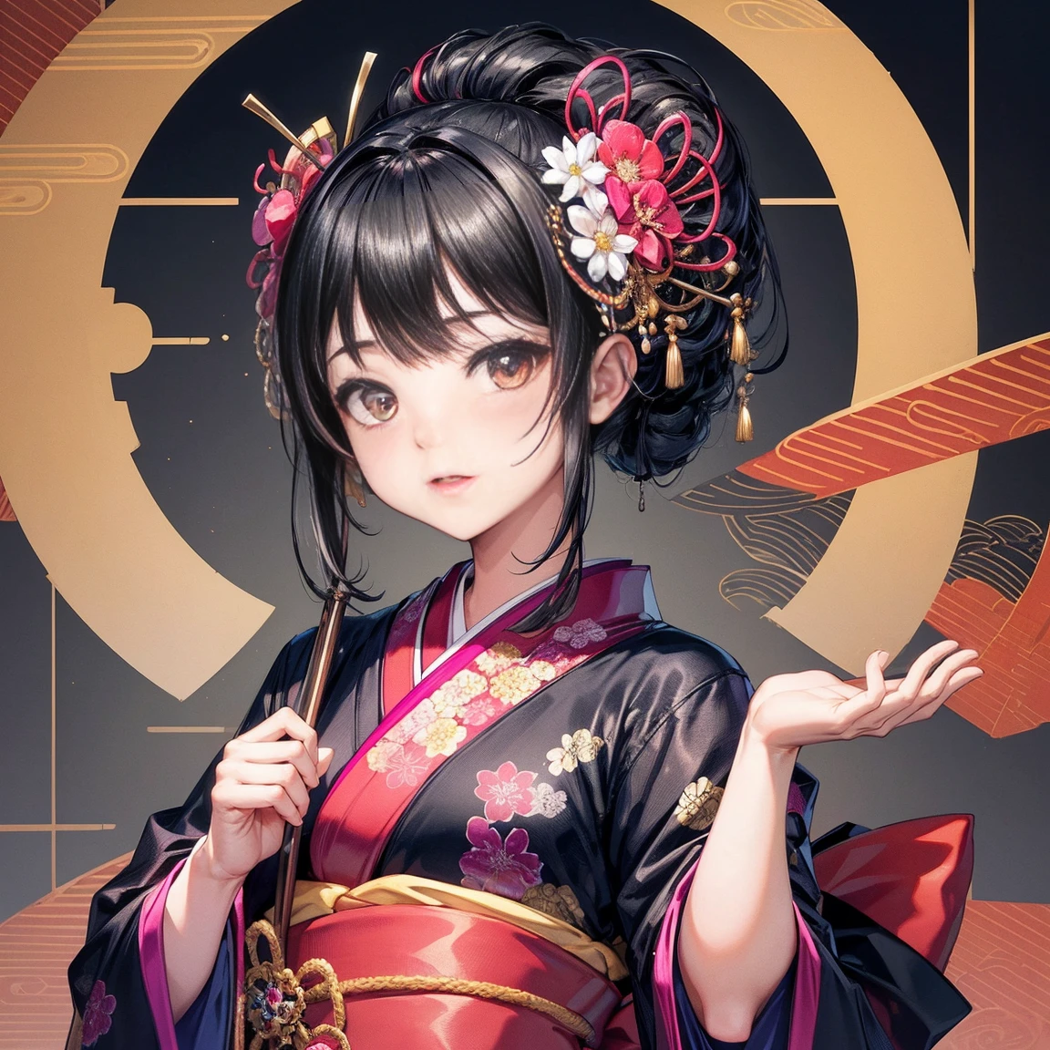 (Best Quality:1.2,  very detailed , up to date, Fun expression,  ultra high resolution,  high contrast, masterpiece:1.2, Best Quality, Best aesthetics), cute, Japanese princess hairstyle with black hair wearing a colorful kimono、I'm wearing a colorful kimono、New Year&#39;s pine decoration、shrine、snake、new year、Glamorous proportions,Aggressive Movement、 full body shown、 background white official illustration style,masterpieceBest Quality,Exquisite,8k, absurd,Super detailedなイラスト,( watch the audience ) (Super detailed, The absolute solution, Best Quality:1.3), 2.5D,  Delicate and dynamic effects, Lighting Effects, Artistic, Hyper,  Graphic CG Digital Art 、 Full Body Shot , design sheet