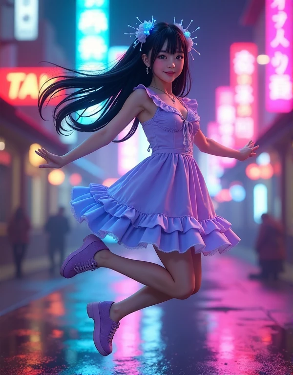  A beautiful young Japanese woman.
 Black hair with blue twigs .
lilac colored eyes, brilliant, obfuscating, expressive, bioluminescentes. 
She's dressed like Lolita .
Lolita style shoes.
 She's happy and jumping for joy.
neon effects.
