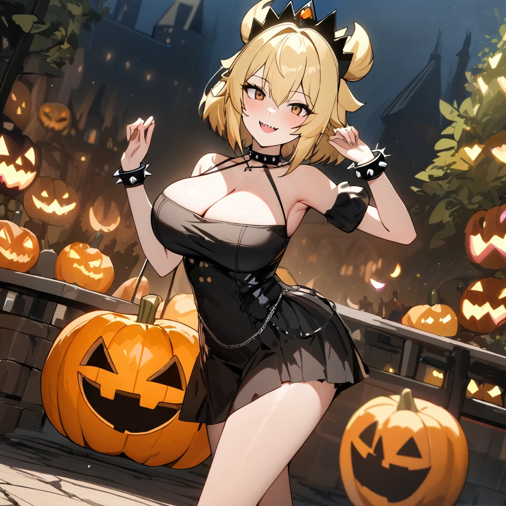 A woman wearing a (bowsette, Serie_Mario) costume, studded bracelet, black collar, black leotard, black skirt, 
black socks, spiked bracelet, smiling, sharp teeth, sadistic smile, blonde hair, short hair, multicolored hair, brown eyes, big breasts, bare shoulders, standing posture, on a concert road, trees around, a cart with pumpkin, castle medieval background, night place, perfect face, perfect eyes, perfect lips, (Azur_lane, KMS_Roon)UHD, masterpiece, textured skin, super detail, high quality, best quality, 8k, highres, accurate.