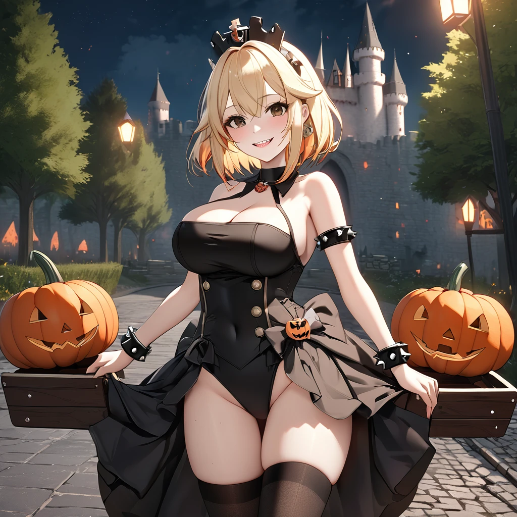 A woman wearing a (bowsette, Serie_Mario) costume, studded bracelet, black collar, black leotard, black skirt, black socks, spiked bracelet, smiling, sharp teeth, sadistic smile, blonde hair, short hair, multicolored hair, brown eyes, big breasts, bare shoulders, standing posture, on a concert road, trees around, a cart with pumpkin, castle medieval background, night place, perfect face, perfect eyes, perfect lips, (Azur_lane, KMS_Roon)UHD, masterpiece, textured skin, super detail, high quality, best quality, 8k, highres, accurate.
